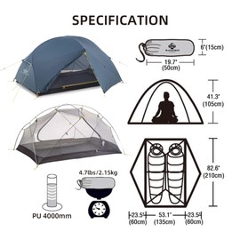 Blackpongo Neptune 2 Person Backpacking Tent - Ultralight Freestanding Tent with 4000mm Waterproof, Dual Vestibules & No-See-Um Mesh - 60 Second Setup for Hiking/Camping (20D Nylon Dark Blue)