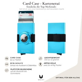 MAGATI AluGuard RFID Card Case - Slim Wallet Aluminium with RFID Protection - Compact Card Holder for Men and Women for up to 7 Cards, blue, Card case + elastic strap with AirTag compartment
