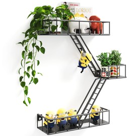 MVPSONAG Fire Escape Shelf - 3 Tier Metal Black Fire Escape Wall Shelves with Baskets, New York Action Figurine Display Shelf, Unique Rustic Floating Decorative Wall Shelves for Any Room