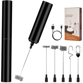 Milchschäumer Elektrisch USB-C mit 5 Wechselbaren Edelstahl-Schneebesen–2 Einstellbare Geschwindigkeiten (11.000/13.000 U/min), Wasserdichter Aufschäumer für Kaffee, Latte, Cappuccino, Matcha(Schwarz)