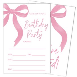 SIXEIGHT 20 Pink Bow Birthday Invitations with Envelopes, Bow Party Invitations for Girls, Elegant Pink Ribbon Design for Girls & Boys, Perfect for Birthday Party Decorations Supplies, 4"x6"-A09