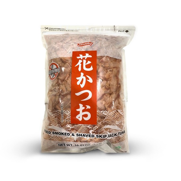 Shirakiku Premium Dried Gourmet Bonito Flakes - Smoked Japanese Bonito Fish Flakes - Pre-Cut Thinly slice packed with umami flavor to Make Traditional Japanese Dishes - Resealable Package - 16 Ounces