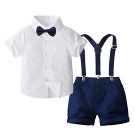 Toddler Boy Outfits Gentleman Short Sleeve Button Shirts+Bowtie+Suspender Shorts Formal Suits(3-4T,Dark Blue)