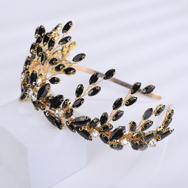 Teyglen Black Crystal Rhinestone Wedding Headband Hair Crown Handmade Crystal Headband Tiara Bridal Headpiece Hair Accessories for Women Party Prom