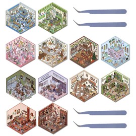 12 Set DIY 3D House Stickers - 3D Miniature Sticker Scene, Reusable Cartoon Scene Stickers, Make Your Own Mini Room Supermarket Coffee Shop Fun Room Sticker for Adult Kids Relief Stress Pass The Time