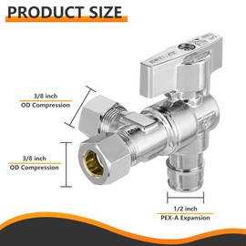 HeSun 20-Pcs PEX Expansion Inlet Angle Stop Valve, Quarter-Turn 1/2" PEX-A x 3/8" OD x 3/8" OD Compression, Dual Compression Outlet Shut Off Valve, Chrome Plated Brass, ASTM F1960