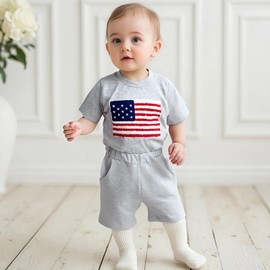 Kuriozud 4th Of July Baby Boy Outfit Toddler American Flag Tee Shirt Shorts Set Fourth Of July Independence Day Clothes Summer (Gray, 18-24 Months)