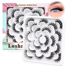 Losha Lashes Wispy False Eyelashes Natural Look Fluffy Eye Lashes 10 Pairs Faux Mink Lashes Cat Eye Lashes Soft Fake Eyelashes Handmade Reusable Strip Lashes Pack (LA5)