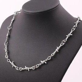 ellifam Barbed Wire Chain Necklace - Edgy Gothic Punk Style Choker, Chunky Metal Hip-Hop Goth Alt Emo Grunge Gothic Indie, Bold Alternative Chain, Bracelet Thorns Brambles, Cool Rock
