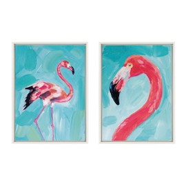 Kate and Laurel Sylvie Flamingo Study and Feathery Friend Framed Canvas Wall Art Set by Rachel Christopoulos, 2 Piece Set 18x24 White, Coastal Animal Flamingo Framed Canvas Art Set