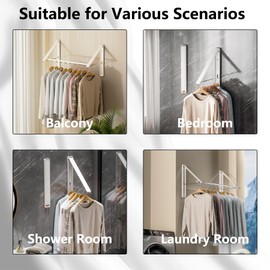 Dr.DJ Clothes Drying Rack with Rod, Wall-Mounted Retractable & Foldable Clothes Hanger for Laundry Room Organization and Storage, Metal Clothes Hanger Rack for Dorm, Closet, Balcony 2Rack,1Rod White