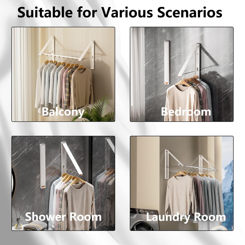 Dr.DJ Clothes Drying Rack with Rod, Wall-Mounted Retractable & Foldable