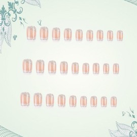 White French Tip Press on Nails Square Medium With Glitter Powder Design - Full Cover Glossy Acrylic Artificial Stick on Nails - Reusable Glue on for Women 24Pcs