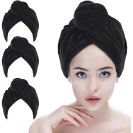 SINLAND - Gorro de microfibra para secar el cabello, turbante para mujeres, toallas de secado rápido, turbante absorbente, suave, ligero, paquete de 3, color negro