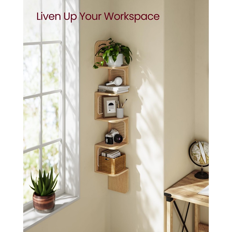 VASAGLE 5-Tier Corner Shelf, Wall Mounted Floating Shelf, Zigzag Corner