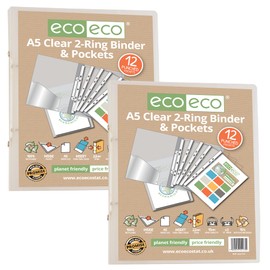 eco-eco A5 65% Recycled Clear Presentation Ring Binder with 12 Multi Punched Pockets, Pack of 2, eco173x2
