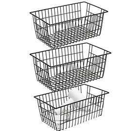 blitzlabs Farmhouse Freezer Baskets Wire Storage Baskets Bins Metal Basket Pantry Large Organizing Storage Bin Baskets for Kitchen Cabinets, Pantry, Freezer, Bathroom,Closets-Set of 3-Black