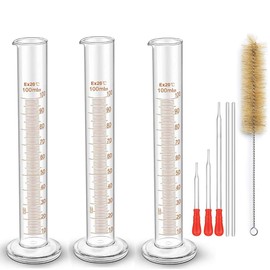 Glass Graduated Cylinder 100ml, ZEEROQOLAB 3-Pack 100ml Thick Borosilicate Glass Lab Measuring Cylinder with 3 Glass Pipettes, 2 Glass Stirring Rods and 1 Cleaning Brush for Laboratory, Chemistry