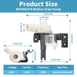 UPGRADED W10581874 Washing Machine Drain Pump Fits for Whirlpool/Maytag/Kenmore 7MM WTW MVW 7MW - Washer Drain Pump Replacement Part WPW10581874 3449735 AP5949627 AP6023189 EAP10056668 PS10056668