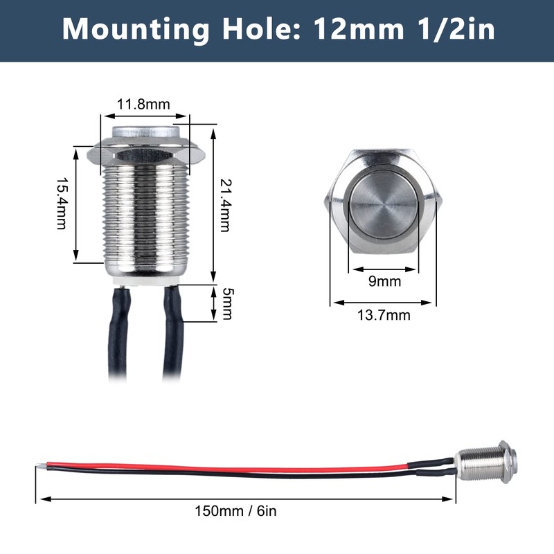 DMWD 2-Pack 12mm Latching Metal Waterproof Push Button Switch Raised
