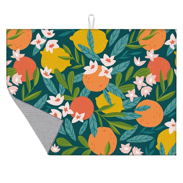 Dish Drying Mat for Kitchen Counter,Lemon Orange and Flowers Dish