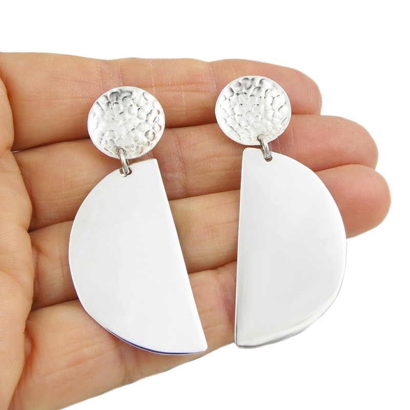 Long Solid 925 Sterling Silver Hammered Geometric Dangle Earrings