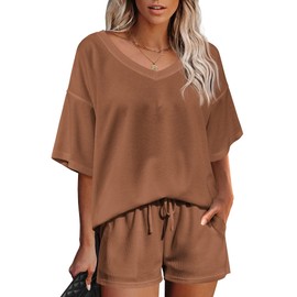 Ekouaer Womens 2 Piece Short Sleeve Waffle Knit V Neck Off Shoulder Casual Loose Fit Sweatsuit Outfits Brown S