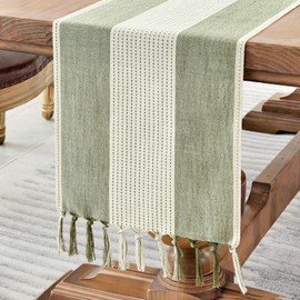 Wracra Linen Table Runner, Farmhouse Macrame Table Runners 36 Inches Long for Dining Table Decor, Wedding, Party and Dresser Decor (Sage Green,36")