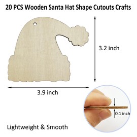 20pcs 4 Inch Wood Santa Hat Cutouts Unfinished Wooden DIY Craft Tags Ornaments with Ropes for Christmas Tree Holidays Party Decoration