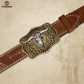 TRIWORKS Western Belt for Men Women Cowboy Leather Belt Western Buckle Belt Western Engraved Belt Embossed Leather Belt