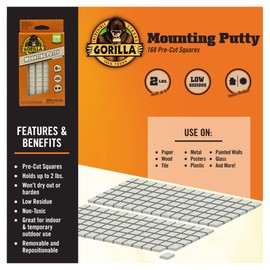 Gorilla Mounting Putty, Natural Tan Color, 168 Pre-Cut Squares (Pack of 2) - Non-Toxic Removable & Repositionable Wall Putty