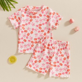 JLKGICF Toddler Baby Girl Clothes Floral Fruit Print T-Shirt Tops and Shorts 12M 18M 2T 3T 4T 5T Kids Summer Outfit 2Pcs Sets (Cheery Bowknot Light Pink, 12-18 Months)