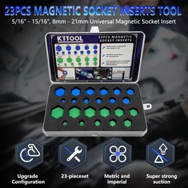 KTTOOL 23 Pcs New SAE and Metric Magnetic Socket Inserts Tool Set, 5/16" - 15/16", 8mm - 21mm Universal Magnetic Socket Insert