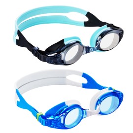Aegend 2 Pack Kids Goggles, Swimming Goggles for Kids Age 4-16 Boys and Girls Youth, Anti-Fog Pool Goggles, White Blue & Blue Black