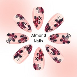 Almond Press on Nails Medium Pink Floral Fake Nails Nude False Nails with Hibiscus Flower Designs Full Cover Acrylic Nail Glossy Glue on Nail for Women Girls 24Pcs