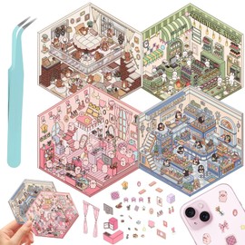 4PCS DIY 3D House Stickers, Mini Shop Scenes Stickers, Cute Cartoon Animal Sticker for Adult Relief Stress Pass The Time (Multi-Colored Flat Building)