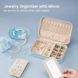 Lolalet Travel Jewelry Case for Women Girls -Medium, Blue | Jewelry Box Organizer for Travel Essentials, Mirror & Clear Storage Bag, Earring Necklace