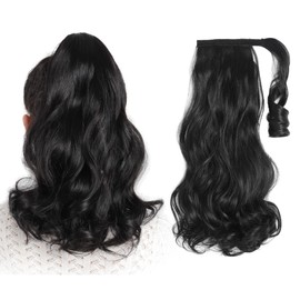 Ponytail Extensions,HSPJHTM Black Ponytail Extension 16" Short Wavy Curly Wrap Around Pony Tail Heat Resistant Synthetic Hairpiece for Women