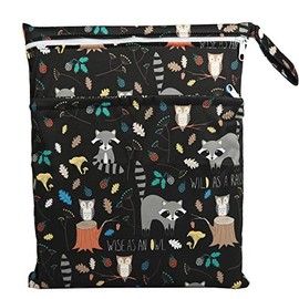 Wet Bag Baby Cloth Diaper Nappy Bag Reusable Washable With Two Zippered Pockets (Animal Racoon)