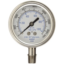 PIC Gauge 301LFW-254V 2.5" Dial, 0/15000 psi Range, 1/4" Male NPT Connection Size, Bottom Mount Glycerine Filled Pressure Gauge with a Stainless Steel Case and Internals, Stainless Steel Bezel, and Polycarbonate Lens