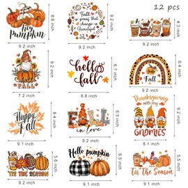 12 Sheets Thanksgiving Iron on Transfers for T-Shirts, Fall DTF Transfers Ready to Press Heat Transfer Vinyl, Pumpkin Iron on Decals Patches, DIY Fall Heat Transfer Stickers for Clothes Bag Pillow