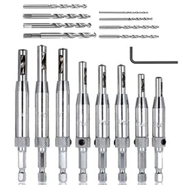 Yakamoz 16 in-1 Center Drill Bit Set, 8pcs 1/4" Hex Shank Self Centering Hinge Hole Drilling Tool Kit for Woodworking Window Door Hinge with 1 Hex Key & 8 Replacement Drill Bits & Plastic Storage Case