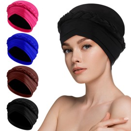 Yearntown 4 Pcs Swim Caps for Women Double Layer Elastic Turban Knot Swimming Hat Non-Slip for Swimming Pool Long and Short Hair(Brown, Rose Red, Royal Blue, Black)