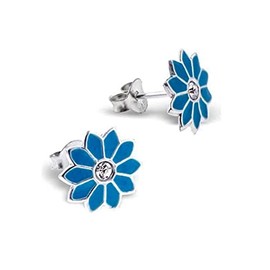 Blue Gerbera Flower Earrings with Crystal Stones 925 Sterling Silver