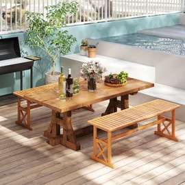 Tangkula Outdoor Acacia Wood Bench, Set of 2 Backless Patio Dining Bench with Slatted Seat & 800 lbs Weight Capacity, Outside Loveseat Seating Furniture for Front Porch, Garden, Balcony & Backyard