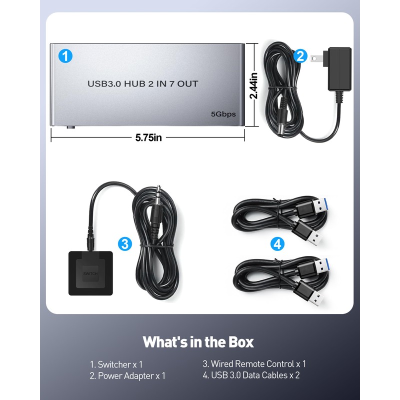 USB 3.0 Switch for 2 Computers, Sharing 4 USB-A &