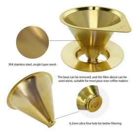 LHS Pour Over Coffee Dripper Reusable Coffee Filter Paperless Coffee Filter Stainless Steel Pour Over Coffee Maker Cone Coffee Dripper for 1-2 Cup,Gold