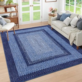 RUGSREAL 10x13 Large Living Room Rug Braided Print Rug Boho Throw Carpet Farmhouse Rustic Dining Room Carpet Non Slip Geometric Bordered Area Rug Bohemian Carpet for Bedroom Home Decor Office, Navy