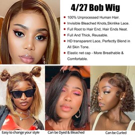 14 Inch Ombre Bob Wig Human Hair 4/27 Highlight Blonde Lace Front Bob Wigs 13x4 Lace Front Wig Human Hair 180% Density Honey Glueless Wig Pre Plucked With Baby Hair