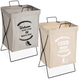 DoubleFill 2 Pcs Shoe Cover Boxes Foldable Storage Baskets for Disposable Shoe Booties, Welcome Please or Remove Sign Socks Storage Bins for Open House Supplies, 20.5 x 11.4 Inches
